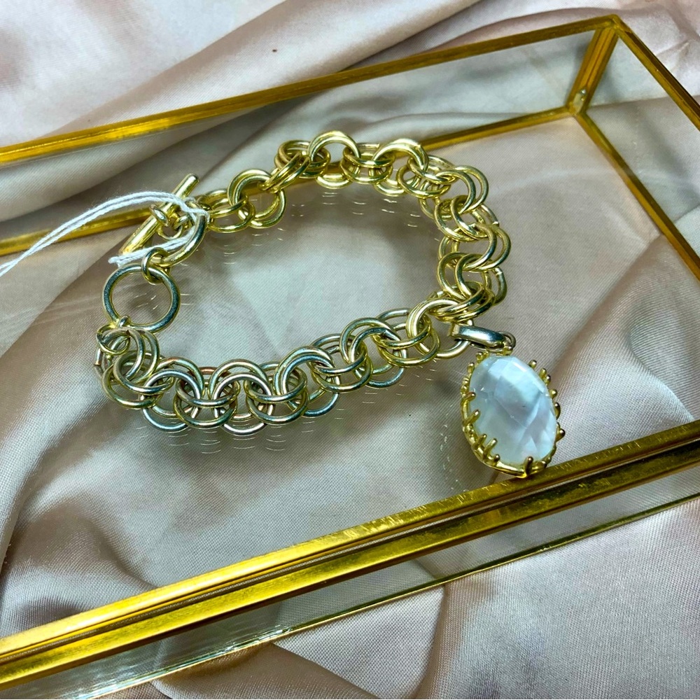 Kendra Scott Double Linked Gold Tone Chain Bracelet with KS Stone Pendant